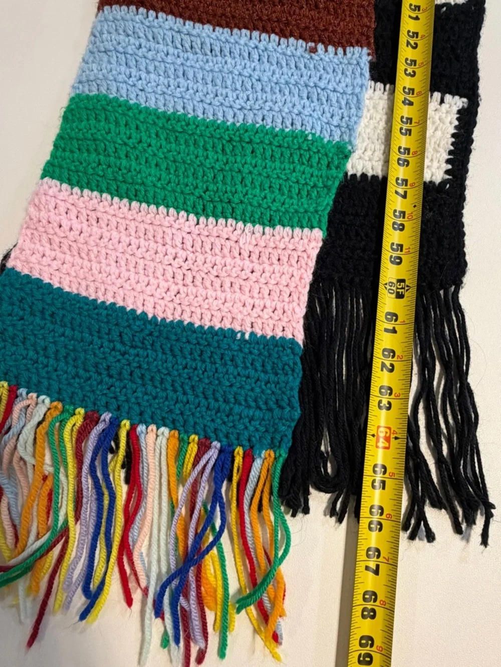 Crochet‎ scarf set long fringe rainbow multicolor black white stripe bold funky